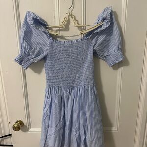 Aqua Light Blue Striped Puff Sleeve Dress
